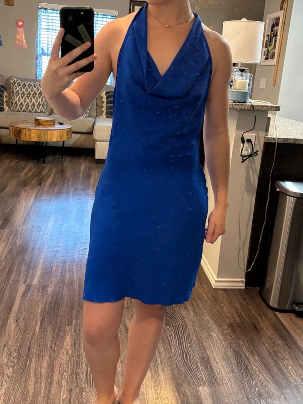 See You Monday Royal Blue Halter Cowl Mini Dress